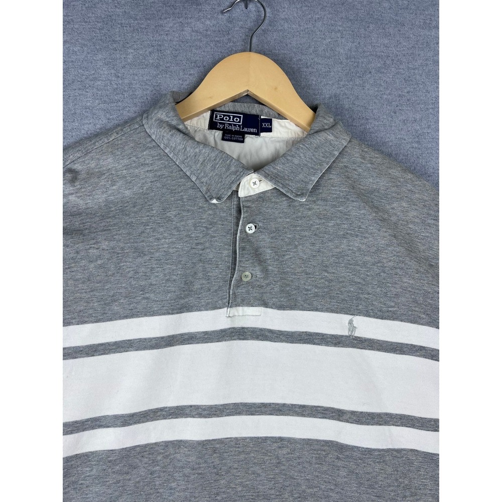 Polo Ralph Lauren Mens XXL Grey White Striped Long Sleeve Polo Shirt Cotton